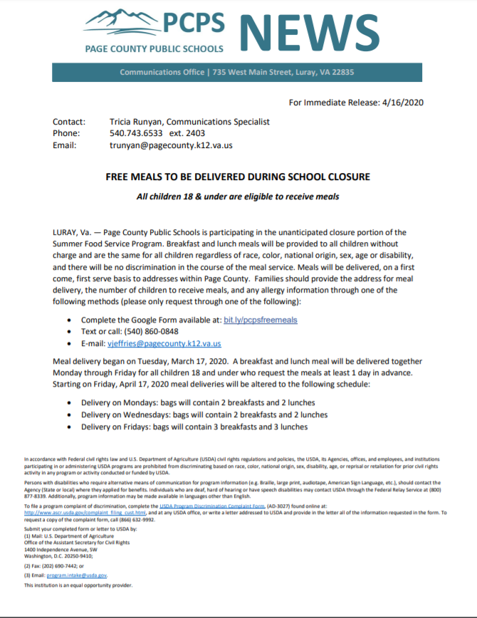 press release meal delivery update 4/16/20 Luray High School