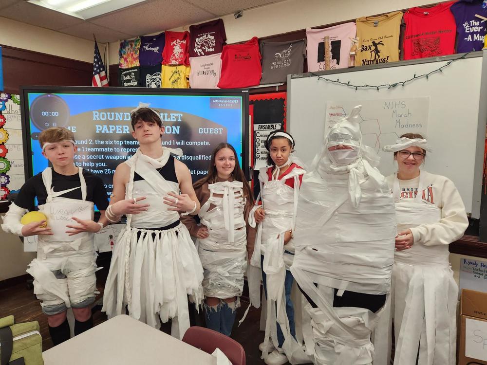 Students showing off their toilet paper fashions