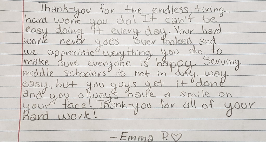 letter written by student to lunch ladies