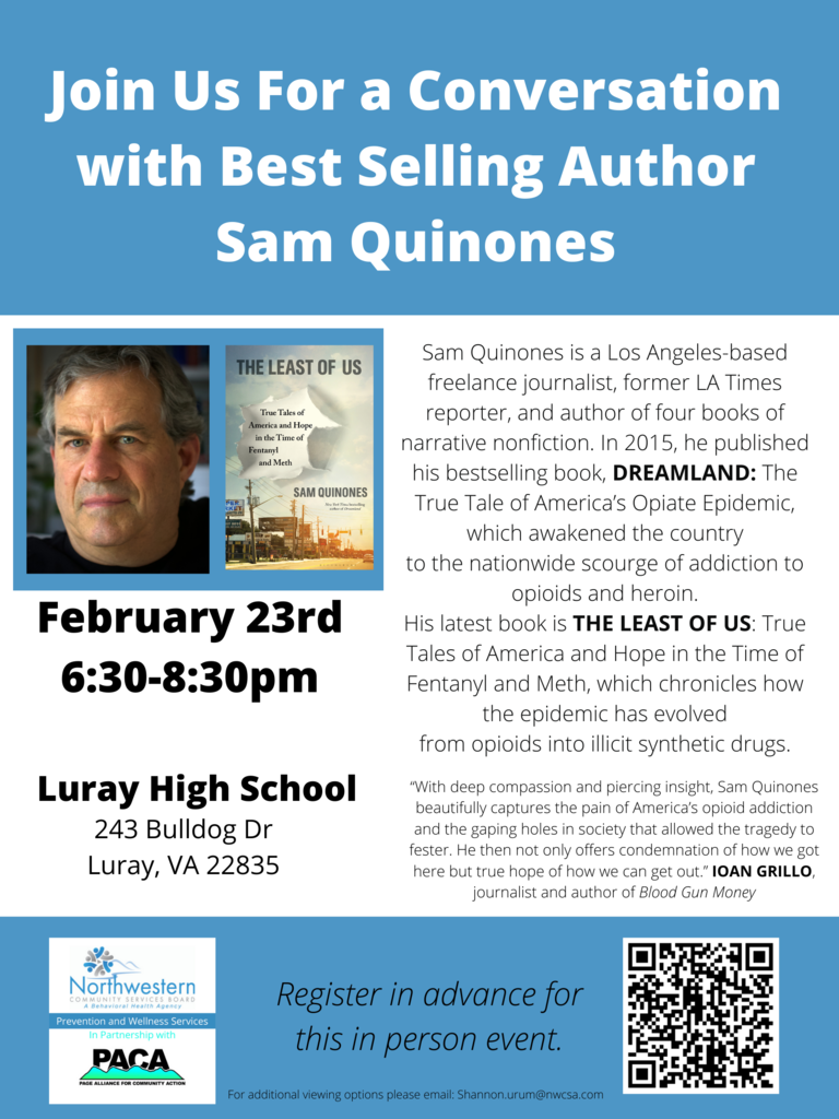 Flyer to advertise Sam Quinones , best selling author event