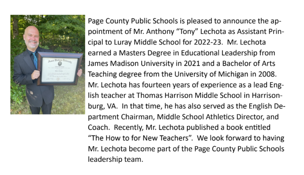 Announcement of New AP for Luray Middle School Tony Lechota 