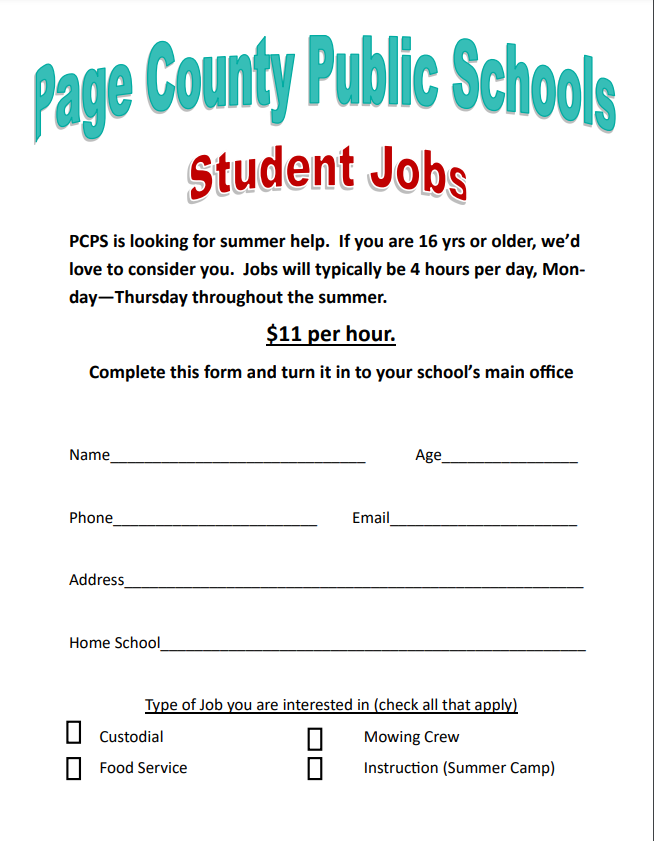 Student Jobs for the summer with PCPS