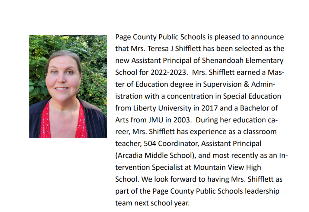 Teresa J. Shifflett new assistant principal Shenandoah Elementary School 