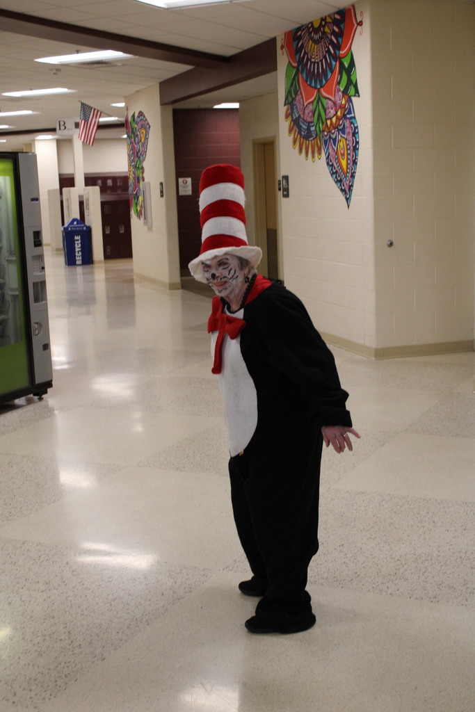 Mrs. Grieve dressed as cat in the hat