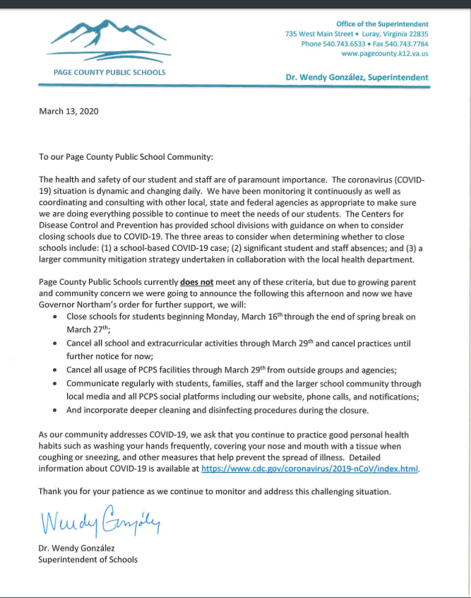 Coronavirus updated informational letter to parents regarding school closing