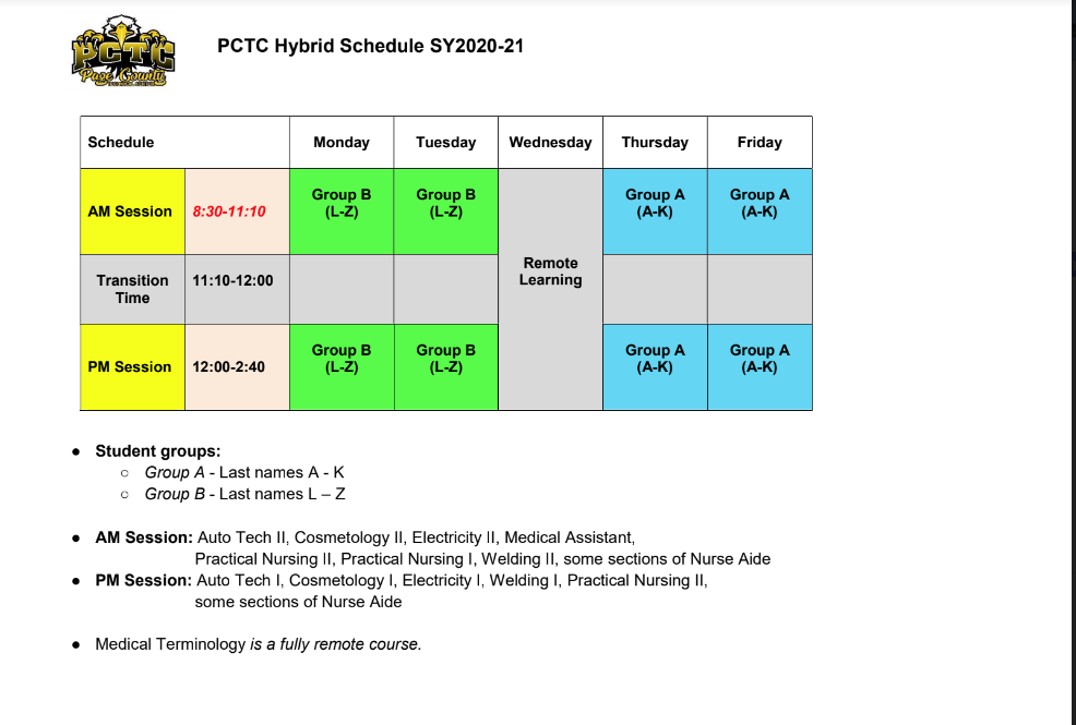 pctc schedule 